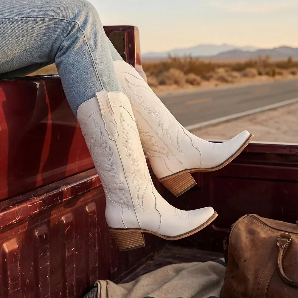 Women's White Cowgirl Boots with Pointed Toe Mid Calf Chunky Heel Snip Toe - Picture 2 of 6